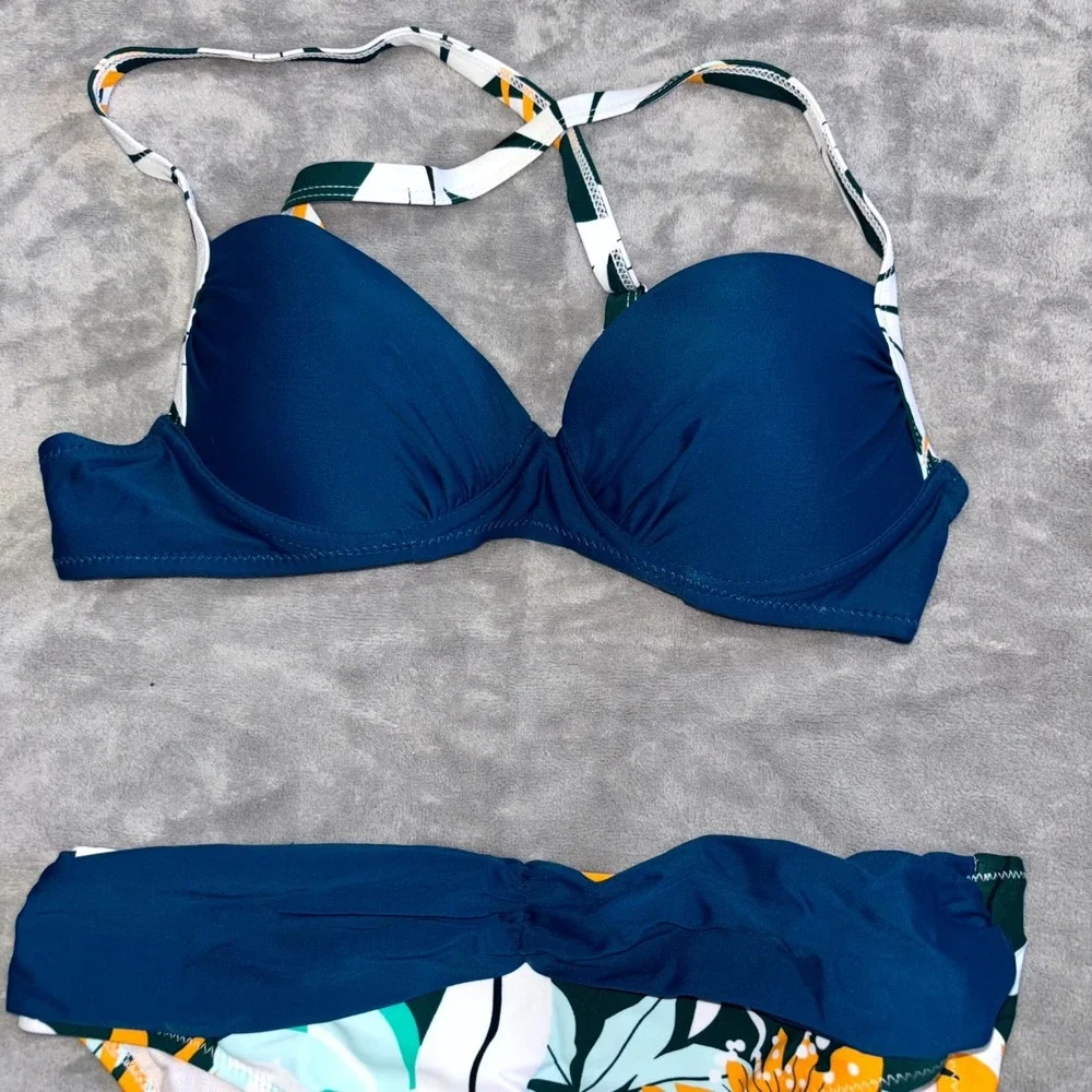 Womens Swimwear High Waisted Bikini Set‎ Small Blue Floral Stretch Beach Padded